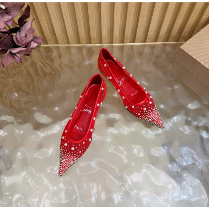Christian Louboutin Red Mesh Pearl Crystal‑Embellished Pointed‑Toe Flat Pumps