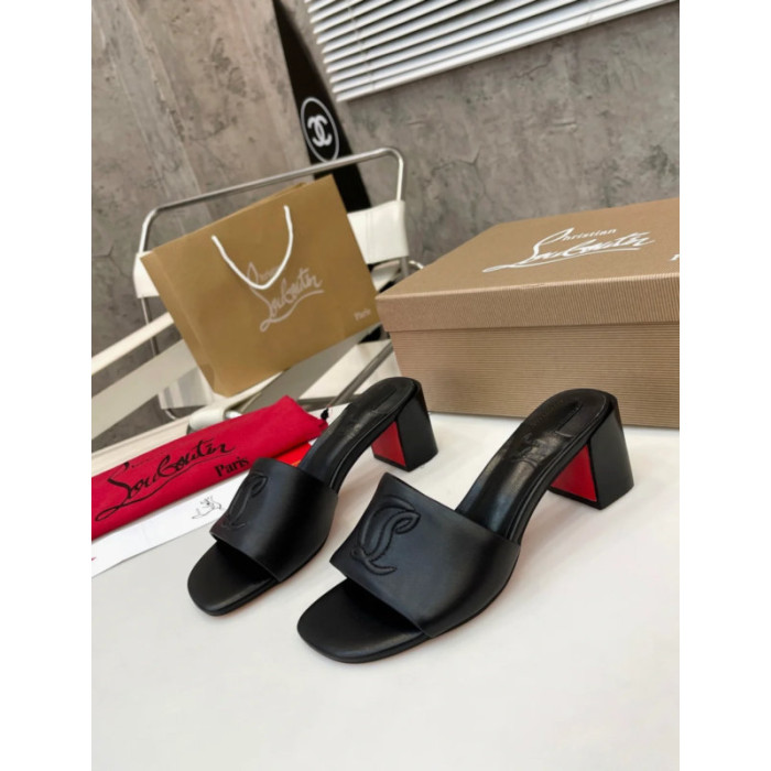 Christian Louboutin Black Leather 55mm heel Block Heel Slide Sandal