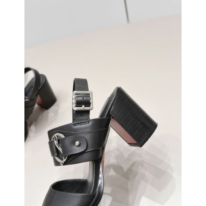 Christian Louboutin Black Leather Ankle‑Strap Block Heel Sandals 85mm heel