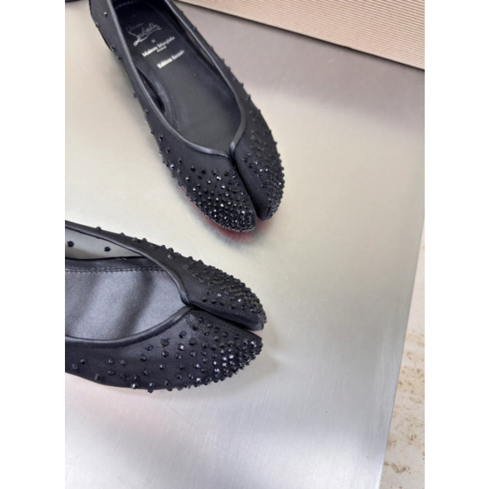 Christian Louboutin × Maison Margiela Black Mesh Crystal Tabi Split‑Toe Flat Shoes