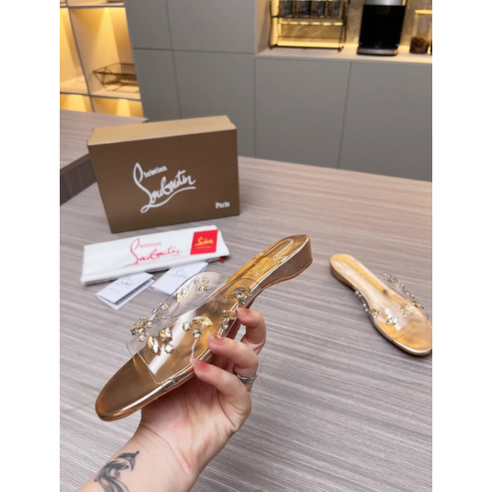 Christian Louboutin Clear Strap Crystal‑Embellished Gold Flat Slide Sandals