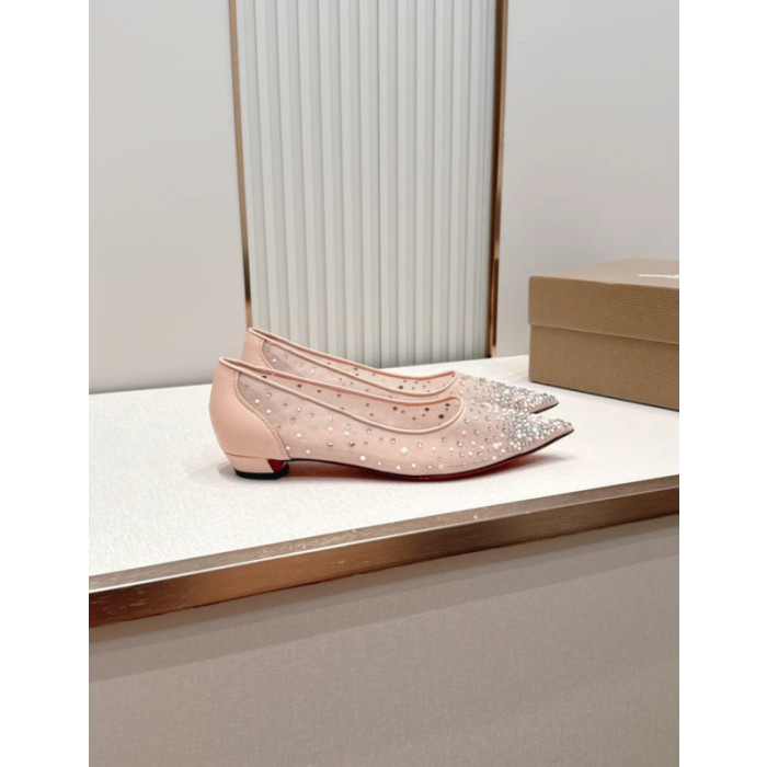 Christian Louboutin Pink Mesh Crystal Pearl Embellished Pointed‑Toe Flat Shoes