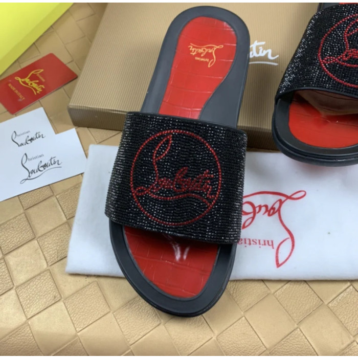 Christian Louboutin Black Crystal Slide Sandals Red Rhinestone Circular Logo