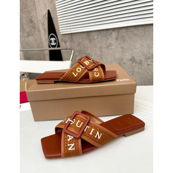 Christian Louboutin Brown Woven Flat Slide Sandals