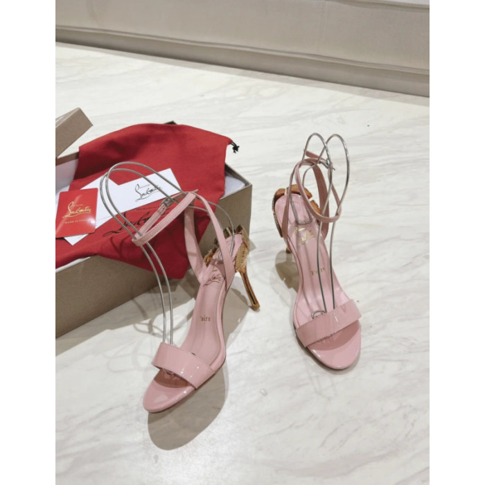 Christian Louboutin Pink Patent 100mm Gold‑Sculpted Heel Ankle‑Strap Sandals