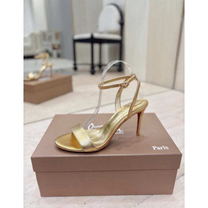 Christian Louboutin Gold Laminated Leather 85mm Stiletto Heel Ankle‑Strap Sandals