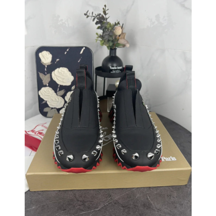 Christian Louboutin Black Silver‑Spiked Slip‑On Sneakers Red Shark‑Tooth Sole