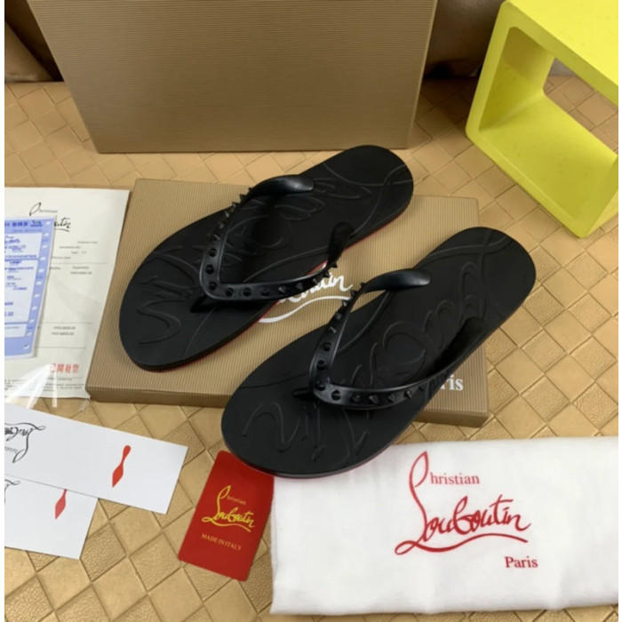 Christian Louboutin Black Embossed‑Logo Studded Flip‑Flop Sandals
