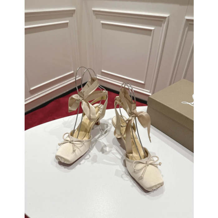 Christian Louboutin Cream Satin Ankle Wrap Bow Kitten Heel Pumps