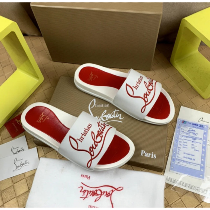 Christian Louboutin White Rubber Slide Sandals Red Signature Script Logo