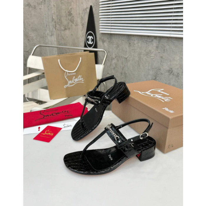 Christian Louboutin Croc‑embossed Black Leather Block Heel Thong Sandal