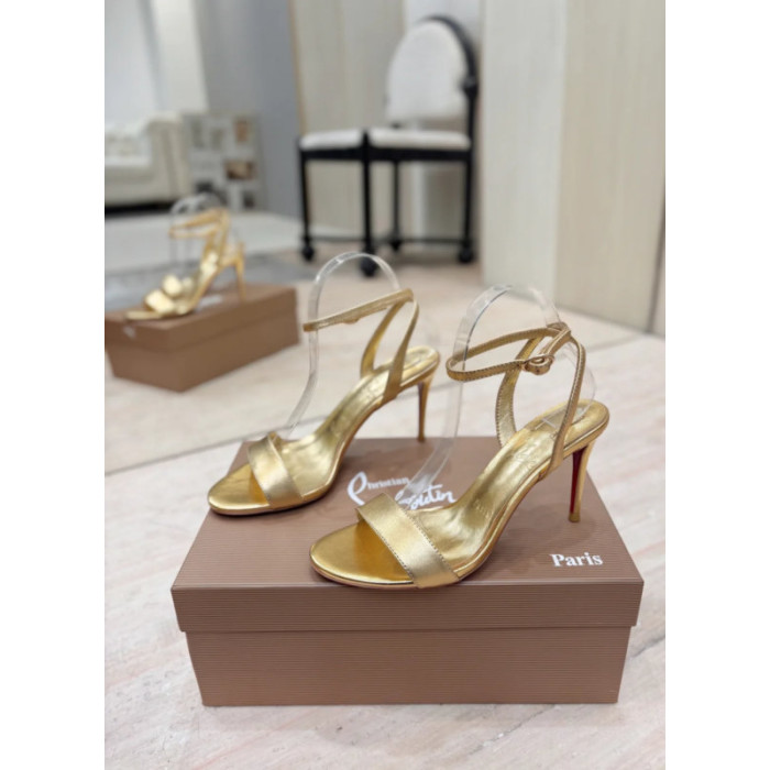 Christian Louboutin Gold Laminated Leather 85mm Stiletto Heel Ankle‑Strap Sandals