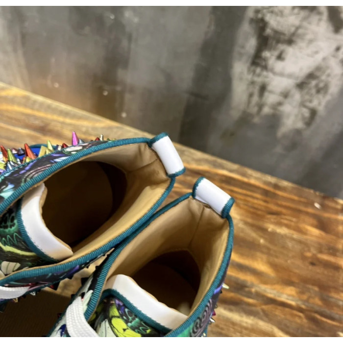 Christian Louboutin Multicolor Spike Jungle‑Print Suede High‑Top Sneakers