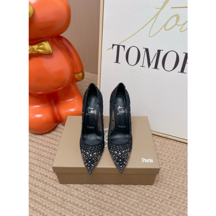 Christian Louboutin Black Mesh 100mm Mixed‑Crystal‑Embellished Pointed Toe Stiletto Heel Pumps