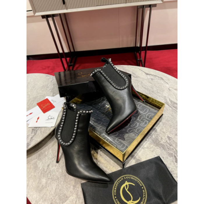 Christian Louboutin Black Leather 100mm Spiked Stiletto Pointed Toe Ankle Boots