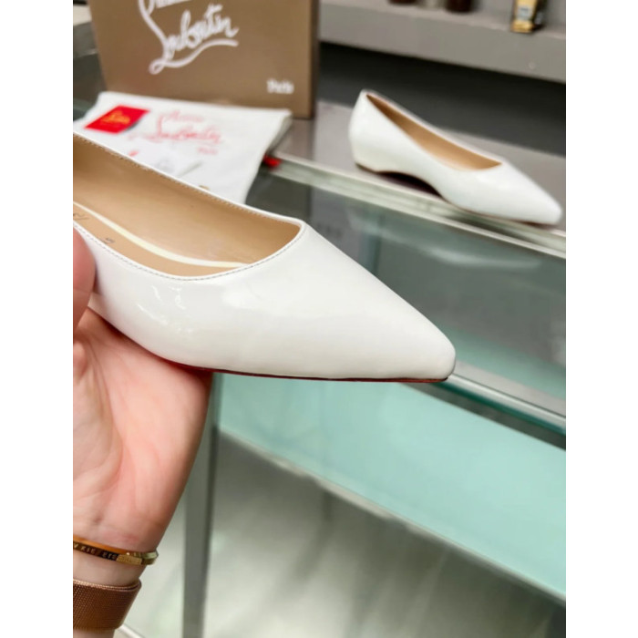 Christian Louboutin White Patent Leather Pointed‑Toe Low‑Wedge Heel Flats