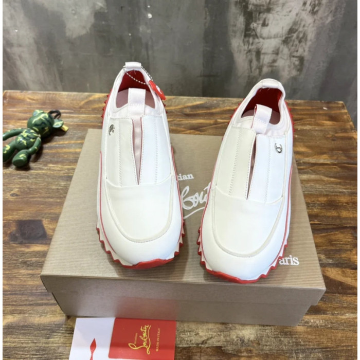 Christian Louboutin White Leather Red‑Trim Spiked Slip‑On Sneakers