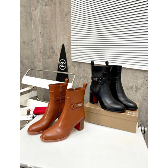 Christian Louboutin Tan Smooth Leather 85mm Block‑Heel Side‑Zip Ankle Boots