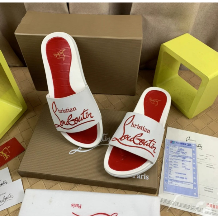 Christian Louboutin White Rubber Slide Sandals Red Signature Script Logo