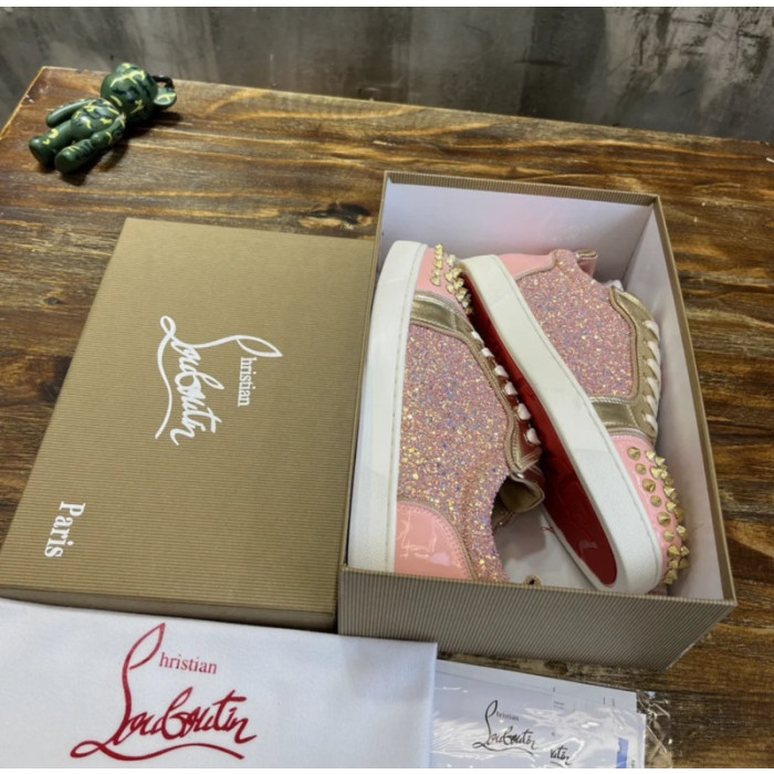 Christian Louboutin Pink‑Gold Glitter Spiked‑Toe Low‑Top Lace‑Up Sneakers