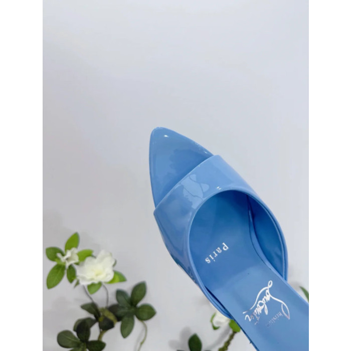 Christian Louboutin Light Blue Patent 85mm Pointed‑Toe Mule Heels