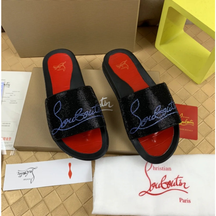Christian Louboutin Black Slide Sandals With Blue Crystal Logo