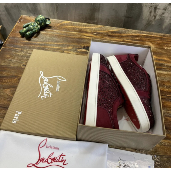 Christian Louboutin Burgundy Suede Crystal‑Embellished Low‑Top Sneakers