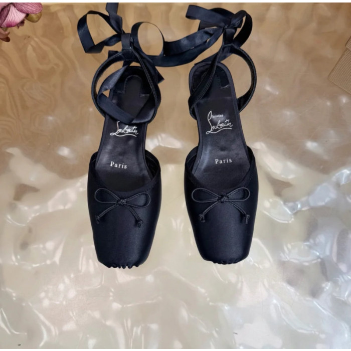 Christian Louboutin Black Satin Bow Ankle‑Tie Slingback Ballet Flats