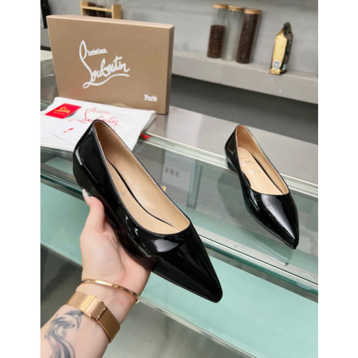 Christian Louboutin Black Patent Leather Pointed‑Toe Low‑Wedge Heel Flats