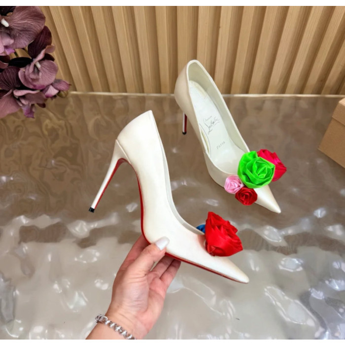 Christian Louboutin Off‑White Satin Multicolor Fabric Flower 100mm Stiletto Heel Pumps