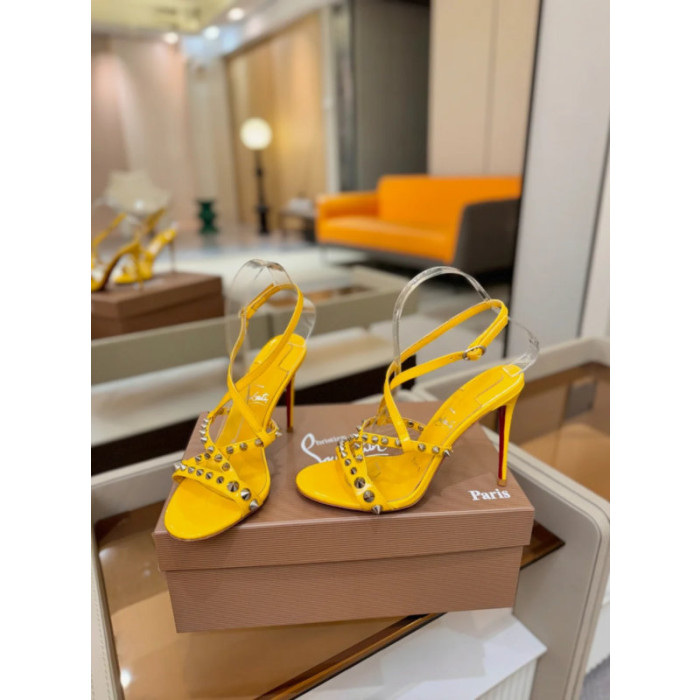 Christian Louboutin Yellow Patent Studded Crisscross Ankle‑Strap Open‑Toe 100mm Stiletto High Heel Sandals