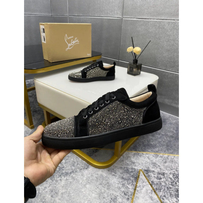 Christian Louboutin Black Suede Gunmetal Crystal‑Encrusted Low‑Top Sneakers