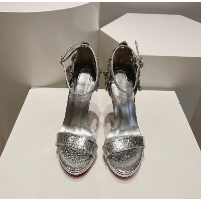 Christian Louboutin Silver Crackled Leather Crystal 120mm Platform Heel Sandals