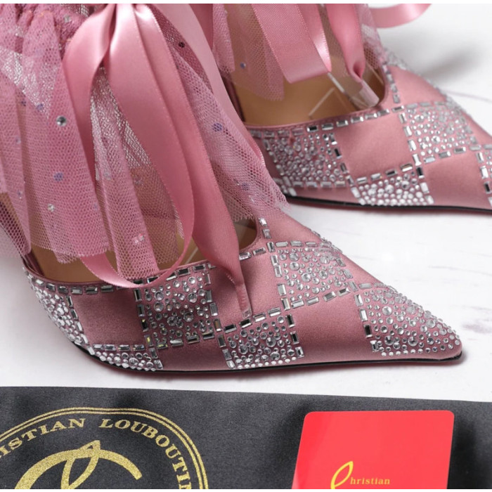 Christian Louboutin Dusty Pink Satin Checkerboard Crystal Tulle Ruffle 100mm Stiletto Heel Pumps