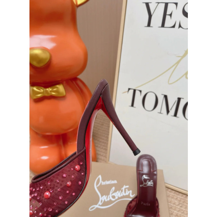 Christian Louboutin Burgundy Mesh Crystal‑Embellished 100mm Peep‑Toe Stiletto Heel Mules
