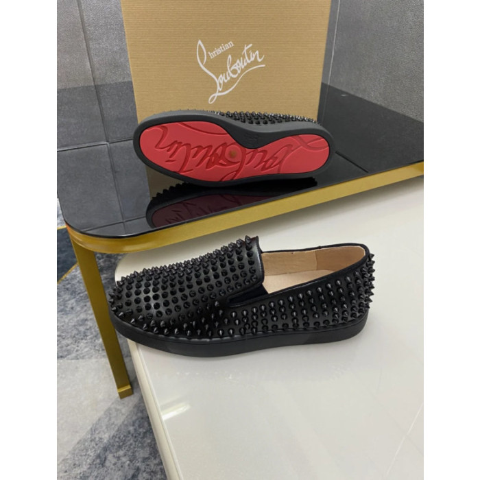 Christian Louboutin Black Leather All‑Over Spiked Slip‑On Loafers