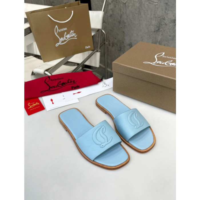 Christian Louboutin Sky‑Blue Leather Stitched Logo Wood‑trim Flat Slide