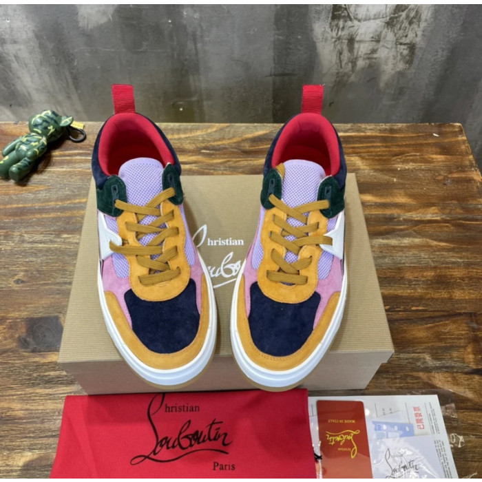 Christian Louboutin Retro Multi‑Tone Suede Mesh Spiked Chunky Low‑Top Sneakers