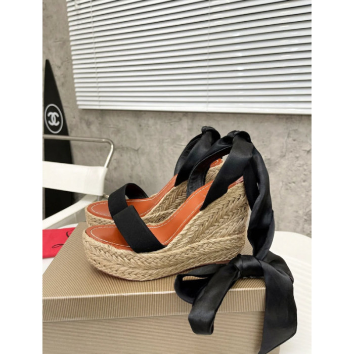 Christian Louboutin Black Textile 120mm heel Wedge Ankle‑Wrap Espadrille Sandal