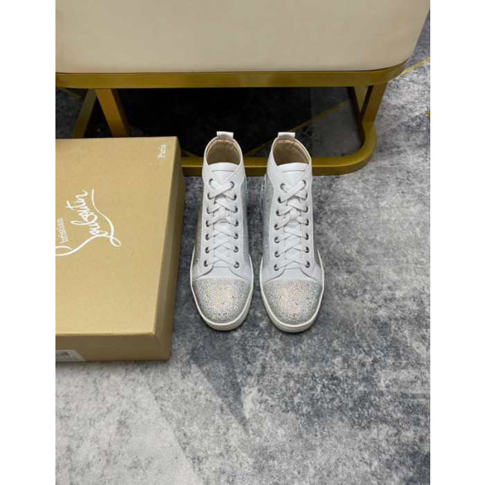 Christian Louboutin White Leather Crystal‑Embellished High‑Top Sneakers
