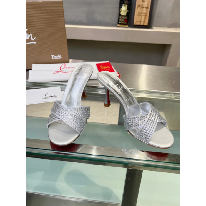 Christian Louboutin Silver Crystal Crisscross Mule Slide Sandal 100mm heel
