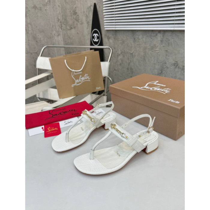 Christian Louboutin White Croc‑embossed Leather Block Heel Thong Sandal