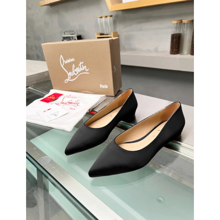 Christian Louboutin Black Satin Pointed‑Toe Low‑Wedge Heel Flats