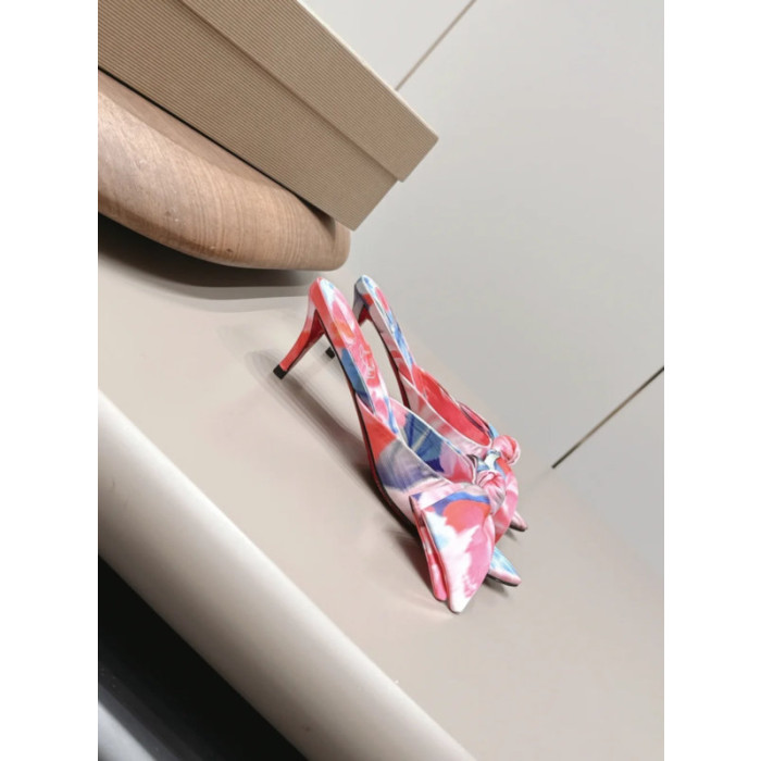 Christian Louboutin Pink Watercolor‑Print Satin Bow Mule Kitten Heel Sandals 55mm heel