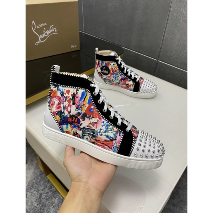 Christian Louboutin Colorful Graffiti Print Silver‑Spiked High‑Top Sneakers