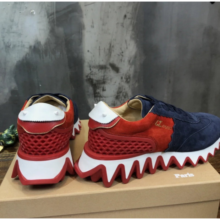 Christian Louboutin Navy‑Red Suede Gold‑Logo Shark‑Tooth Sole Lace‑Up Sneakers