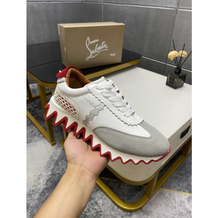 Christian Louboutin White Leather Suede Red Zigzag Sole Low‑Top Sneakers