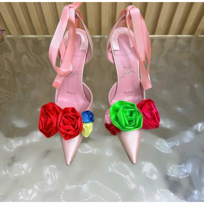 Christian Louboutin Pink Satin Multicolor Rose Flower 100mm Stiletto Heel Slingback Pumps
