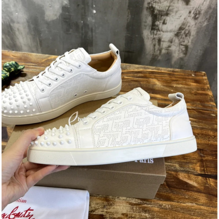 Christian Louboutin White Perforated White‑Spiked Low‑Top Sneakers