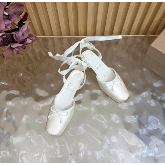 Christian Louboutin White Satin Bow Ankle‑Tie Slingback Ballet Flats